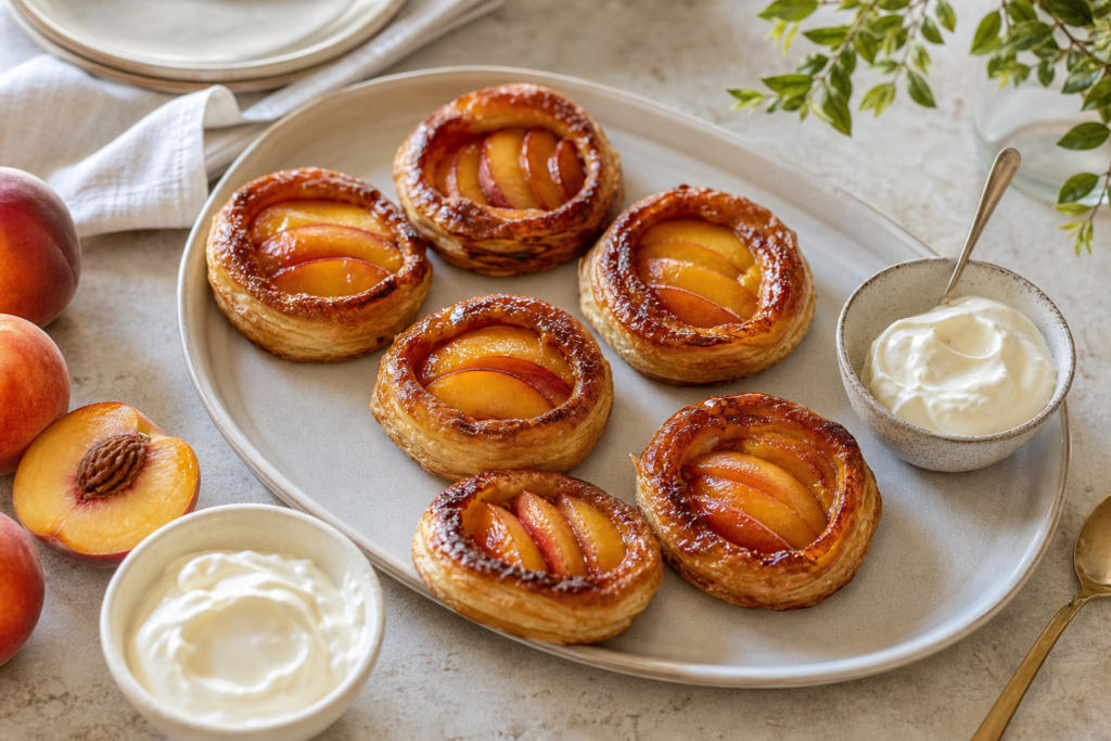 Six individual peaches and cream upside-down tarts with caramelized peaches and whipped cream
