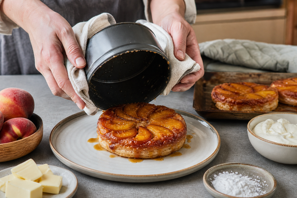 Turning out a warm individual peach upside-down tart from its tin